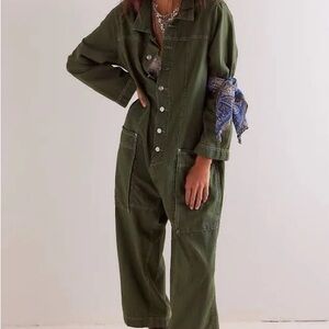 Free People Margarita Green Button-Up Jumpsuit